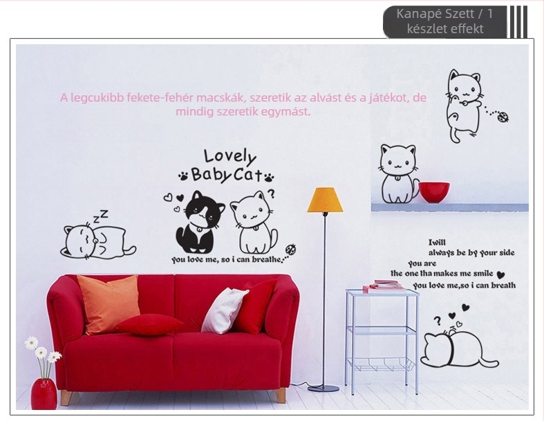 Fali matrica PVC, vízálló, eltávolítható, rajzfilmszerű macska motívummal