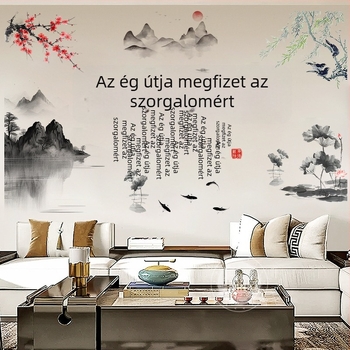 Fali matrica kínai stílusú tintás tájkép és növények mintázatú, PVC, 1 darab, vízálló, nappali, dolgozószoba, étterem vagy bejárat számára