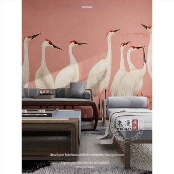 3D-s tapéta crane motívummal, selyem, szennyeződést gátló, Új kínai stílus – Orange art mural