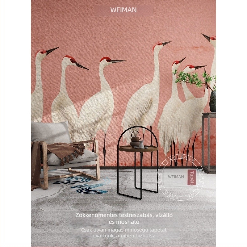 3D-s tapéta crane motívummal, selyem, szennyeződést gátló, Új kínai stílus – Orange art mural