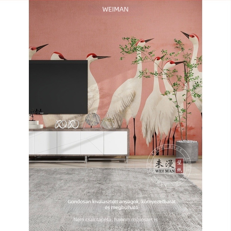 3D-s tapéta crane motívummal, selyem, szennyeződést gátló, Új kínai stílus – Orange art mural