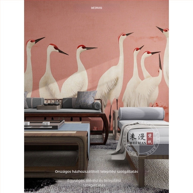 3D-s tapéta crane motívummal, selyem, szennyeződést gátló, Új kínai stílus – Orange art mural