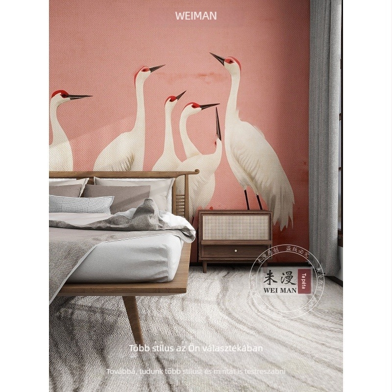 3D-s tapéta crane motívummal, selyem, szennyeződést gátló, Új kínai stílus – Orange art mural
