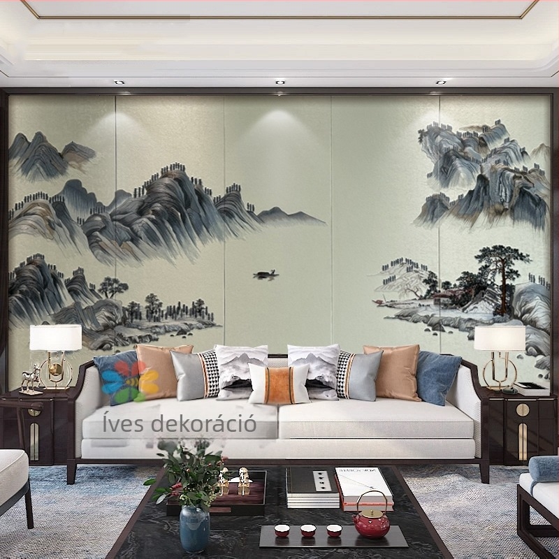 Új kínai stílusú hímzett párnázott falpanel — szövet, tájkép minta, testreszabható, Gold Balance márka, nappali/hálószoba/iroda