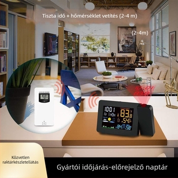 Projekciós óra bel- és kültéri hőmérséklet- és páratartalom-mérővel, színes LED kijelző, időjárás-előrejelzés, harmatpont-riasztás és magas/alacsony hőmérsékleti riasztás