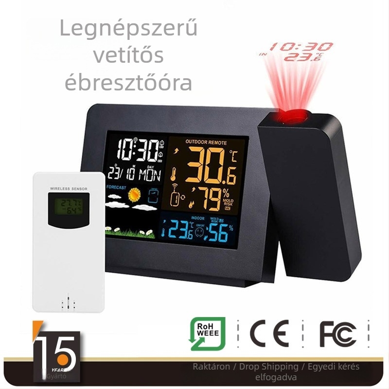 Projekciós óra bel- és kültéri hőmérséklet- és páratartalom-mérővel, színes LED kijelző, időjárás-előrejelzés, harmatpont-riasztás és magas/alacsony hőmérsékleti riasztás