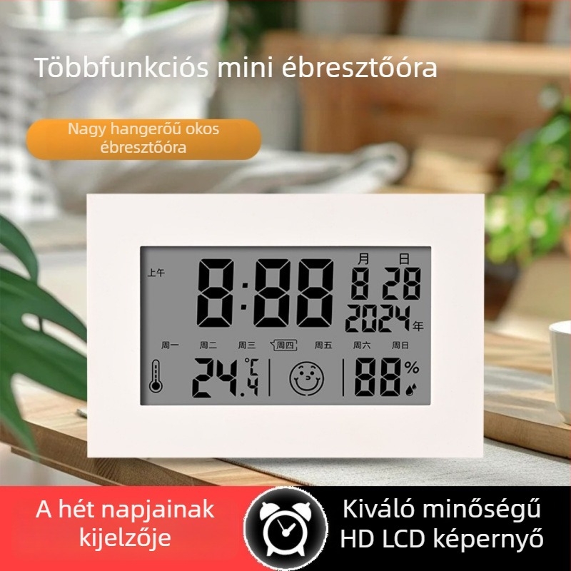 Irodai ébresztőóra – mini, örök kalendárium, LCD kijelző, belső hőmérséklet és páratartalom