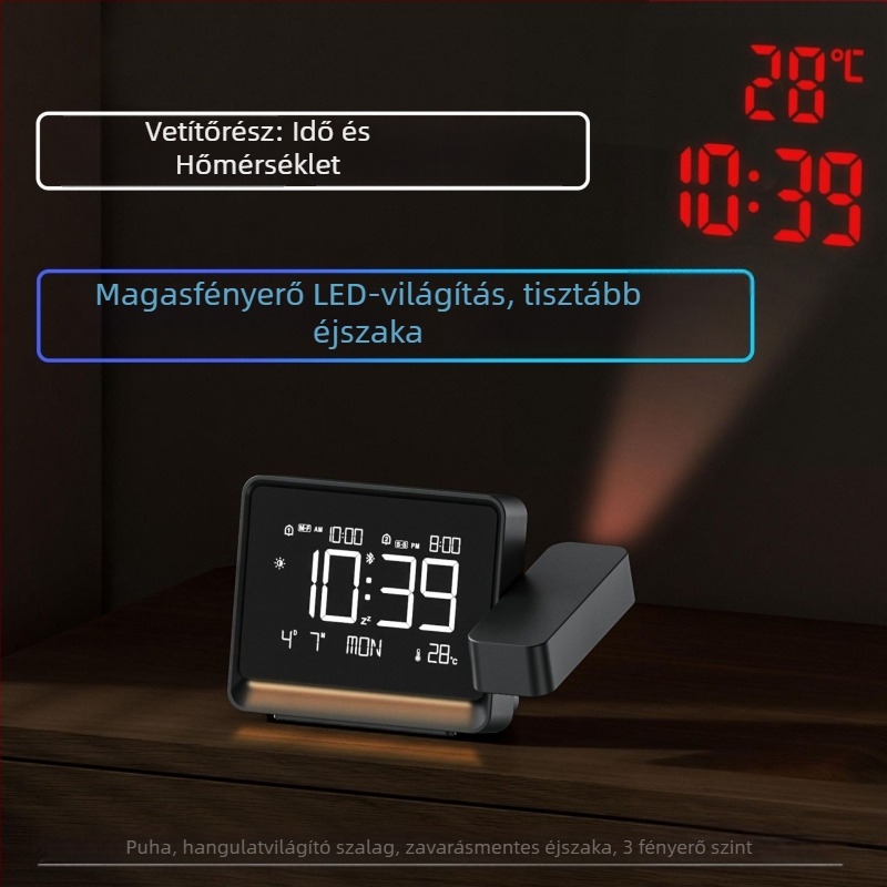 Projektoros ébresztőóra, állítható fókusz, Bluetooth automatikus időszinkron, környezeti éjszakai fény, hőmérő, LED kijelző