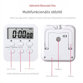 Digitális asztali időzítő LED kijelzővel, elektronikus működés, akkumulátoros áramellátás, tanuláshoz, irodához és a konyhához