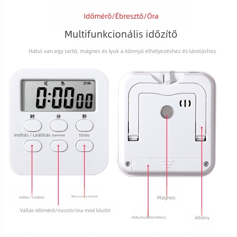 Digitális asztali időzítő LED kijelzővel, elektronikus működés, akkumulátoros áramellátás, tanuláshoz, irodához és a konyhához