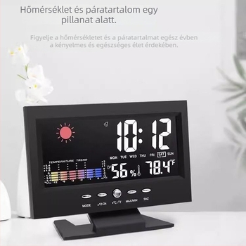 Többcélú időjárás-óra hőmérséklet- és páratartalom-mérővel, hangvezérléses ébresztő, LED kijelző