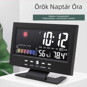 Többcélú időjárás-óra hőmérséklet- és páratartalom-mérővel, hangvezérléses ébresztő, LED kijelző