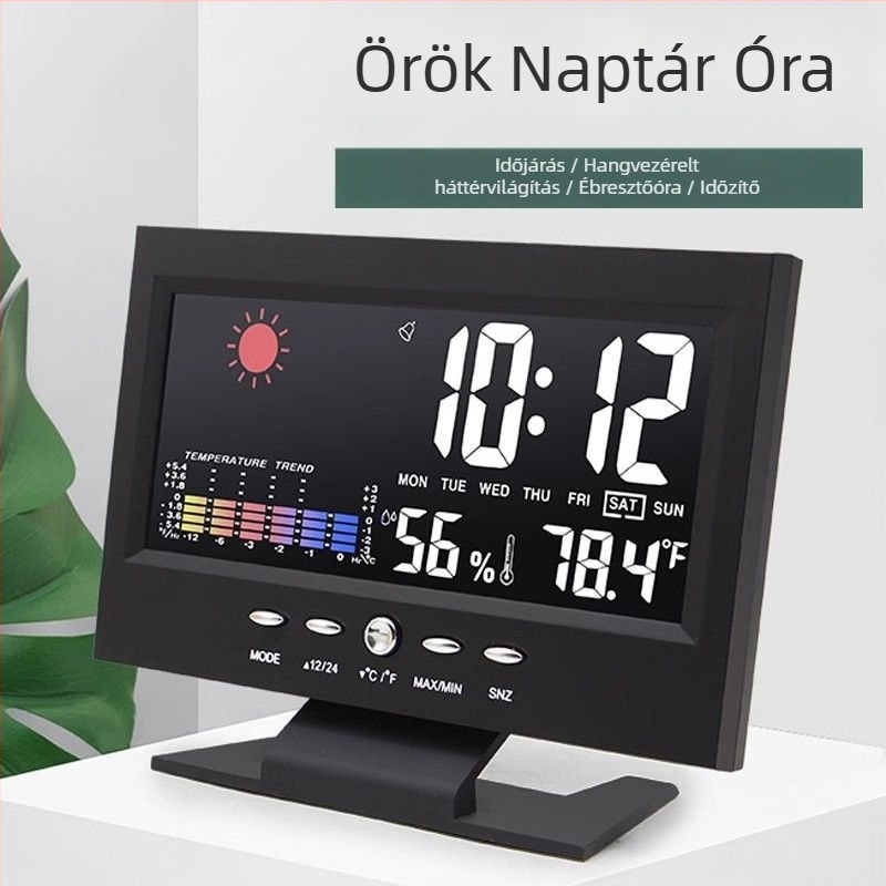 Többcélú időjárás-óra hőmérséklet- és páratartalom-mérővel, hangvezérléses ébresztő, LED kijelző