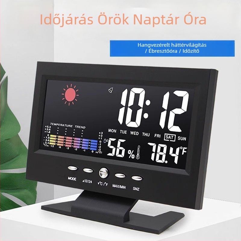 Többcélú időjárás-óra hőmérséklet- és páratartalom-mérővel, hangvezérléses ébresztő, LED kijelző