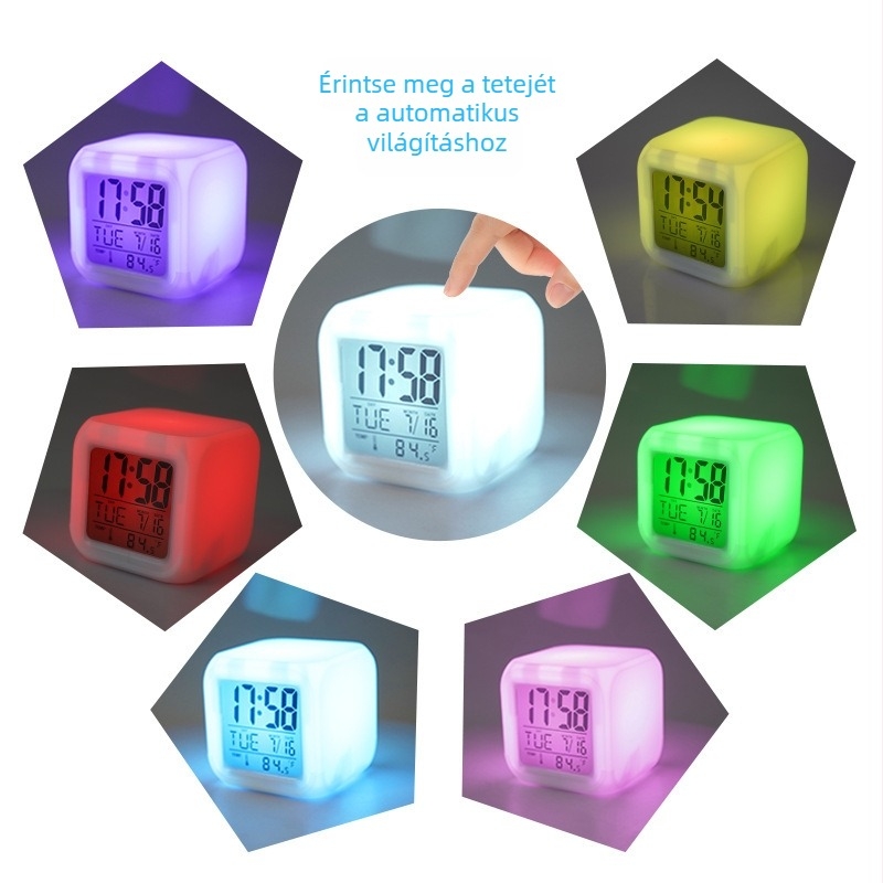 Színesen változó asztali ébresztőóra naptárral és világító LCD kijelzővel