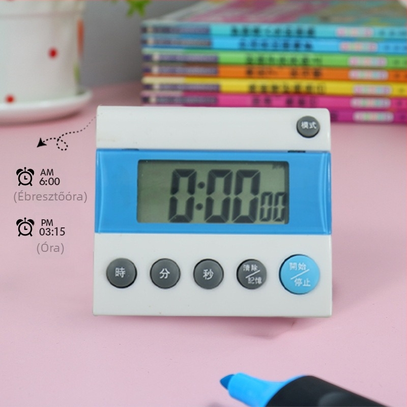 BK-401 Elektronikus időmérő digitális LCD kijelzővel, akkumulátorral működtetve, négyzet alakú ABS ház, riasztó funkció