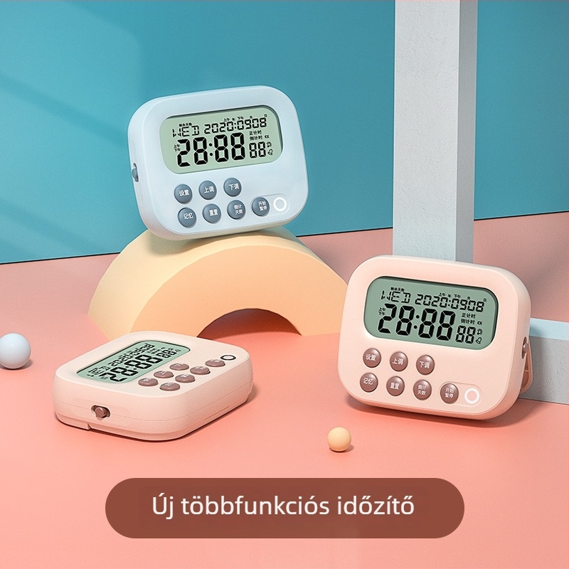 Többfunkciós időzítő tanuláshoz és a konyhához – elektronikus mechanizmus, LCD kijelző, akkumulátoros működés, ABS burkolat, négyzetes formájú