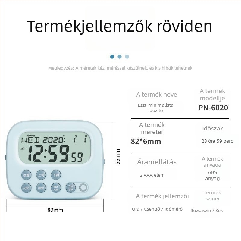 Többfunkciós időzítő tanuláshoz és a konyhához – elektronikus mechanizmus, LCD kijelző, akkumulátoros működés, ABS burkolat, négyzetes formájú