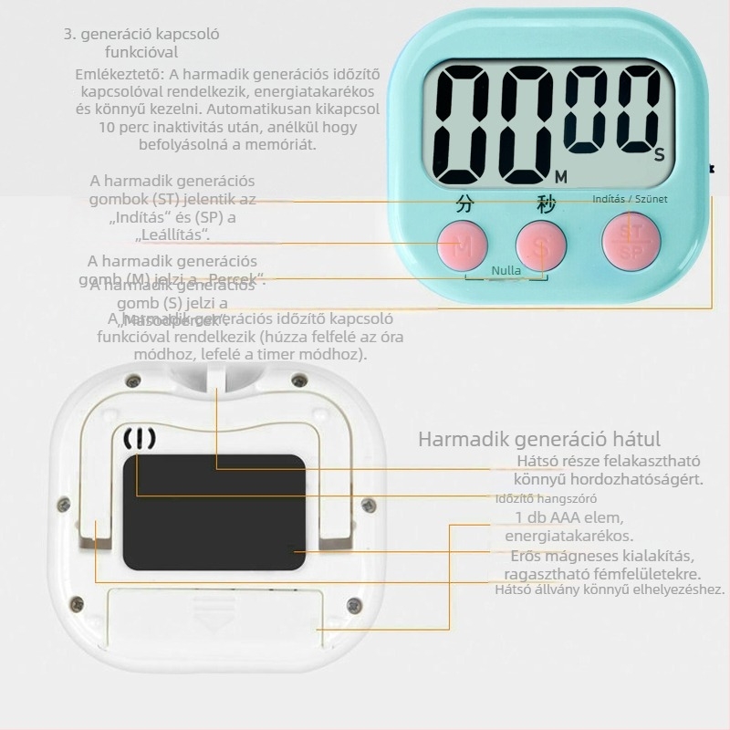 Konyhai időzítő mechanikus működéssel, analóg kijelzővel, elemmel táplált, kerek kialakítás, visszaszámláló funkció