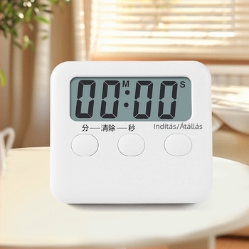 Konyhai időzítő elektronikus mechanizmussal, LCD kijelző, visszaszámlálás, működés akkumulátorról, téglalap alakú műanyag ház