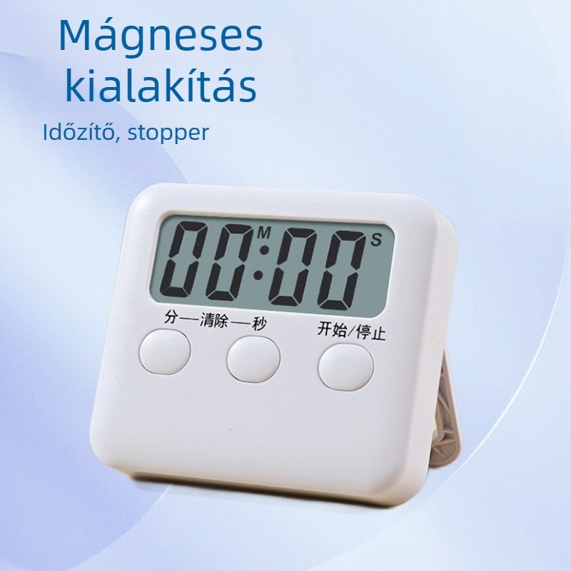 Konyhai időzítő elektronikus mechanizmussal, LCD kijelző, visszaszámlálás, működés akkumulátorról, téglalap alakú műanyag ház