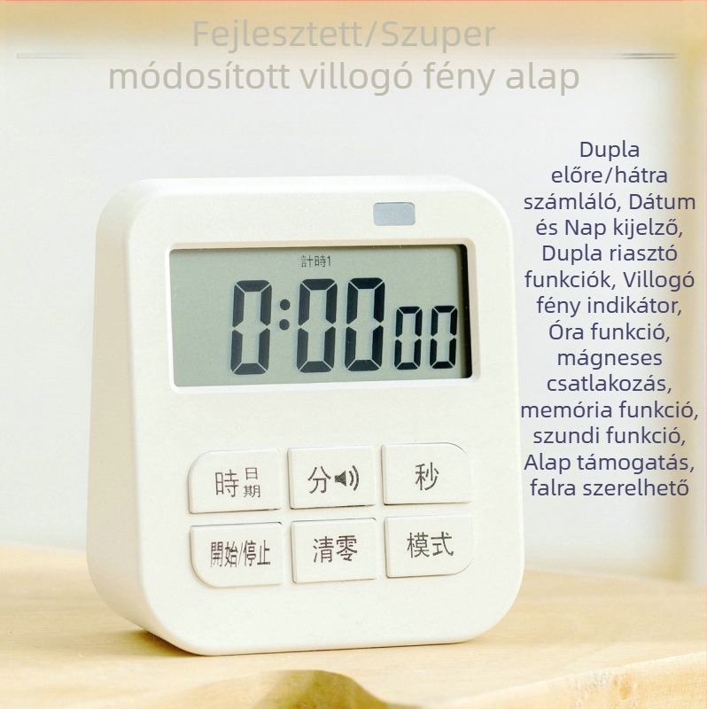 Torony-stílusú elektronikus visszaszámláló időzítő ébresztéssel és naptárral, elektromos működés, LCD kijelző, műanyag ház, elemről működik