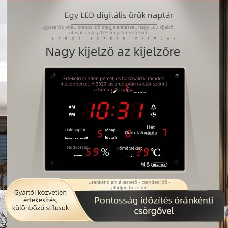 Falióra LED kijelzővel, örökös naptár, hőmérő, páratartalom-mérő és ébresztő