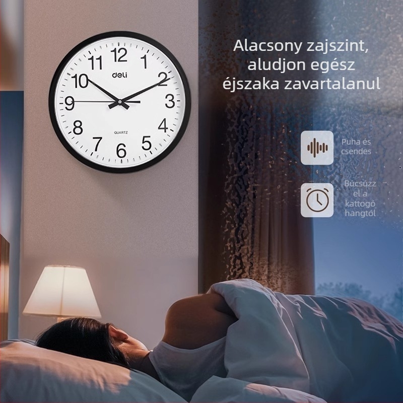 Deli 9005 falióra, modern minimalista stílus; mechanikus működés, elemről működik, műanyag ház, PVC számlap.
