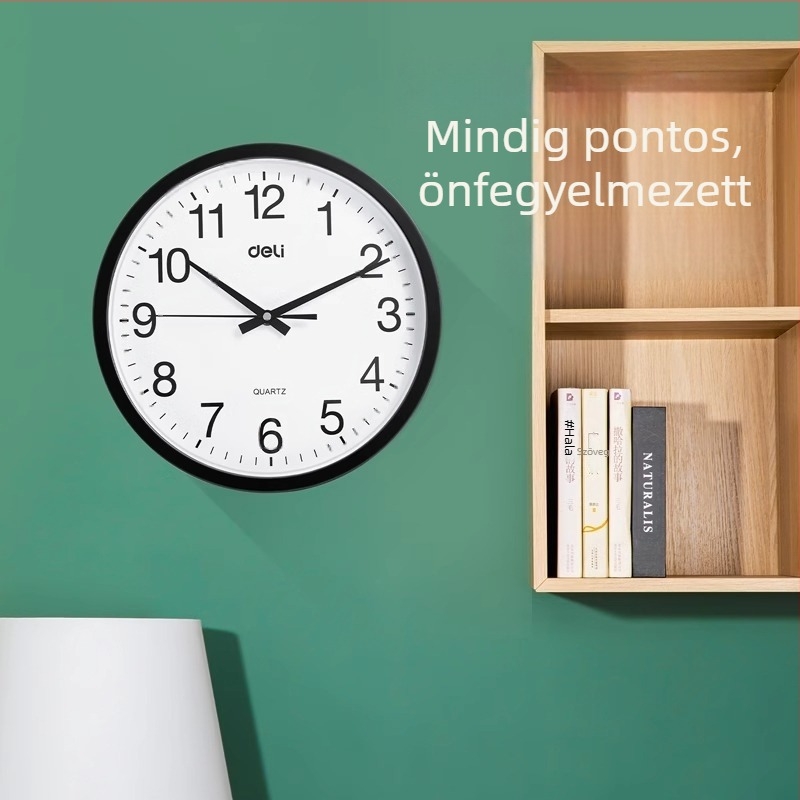 Deli 9005 falióra, modern minimalista stílus; mechanikus működés, elemről működik, műanyag ház, PVC számlap.