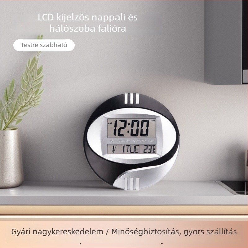 Fali óra 3885N LCD-kijelzővel, csendes működés, akkumulátoros elektronikus mozgás, hőmérő