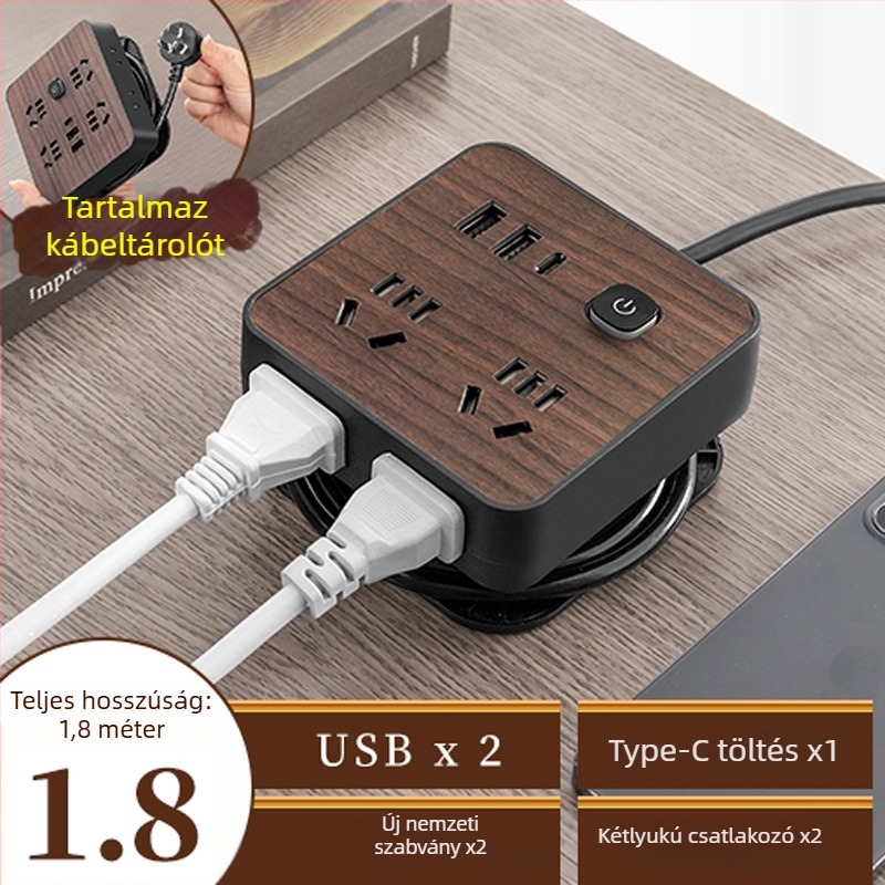 Fa textúrájú otthoni használatra szolgáló többaljzat oldalsó dugóval, 10A, 100–250V, ABS ház, réz vezetők, 3C tanúsítvány