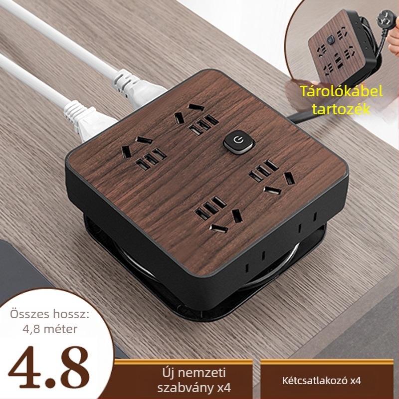 Fa textúrájú otthoni használatra szolgáló többaljzat oldalsó dugóval, 10A, 100–250V, ABS ház, réz vezetők, 3C tanúsítvány