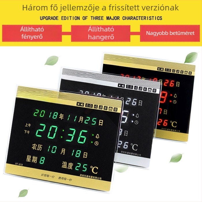 Digitális falióra fénylő LED kijelzővel, téglalap alakú, külső táplálás, nappaliba