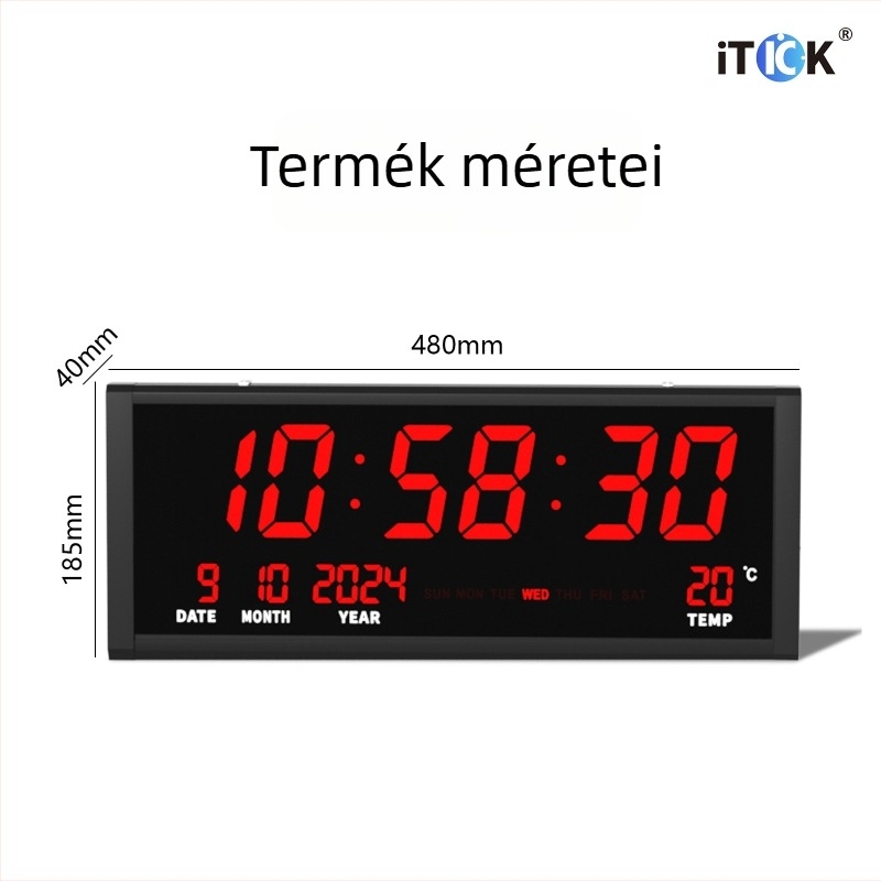 Nagy méretű digitális örök kalendáriumos elektronikus falióra, modern minimalist design, LED kijelző, csendes működés, hőmérő, hét és hónap kijelzővel