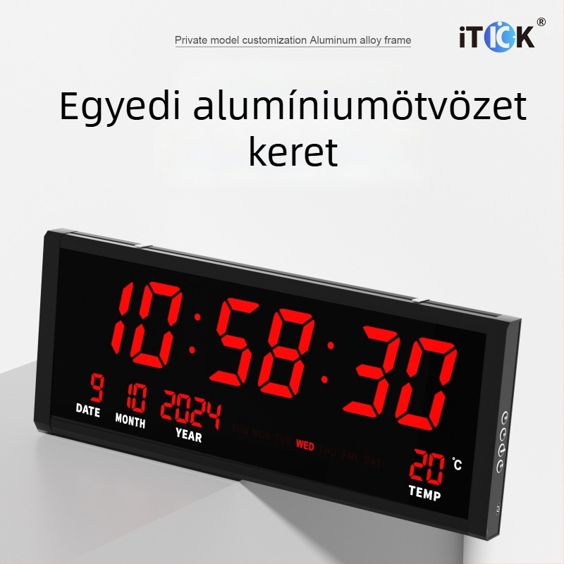 Nagy méretű digitális örök kalendáriumos elektronikus falióra, modern minimalist design, LED kijelző, csendes működés, hőmérő, hét és hónap kijelzővel