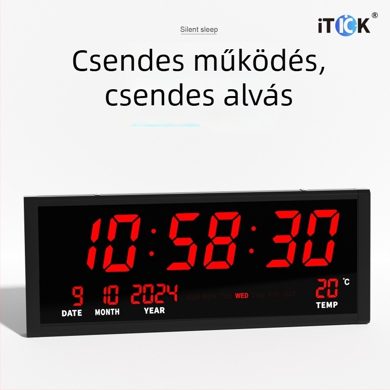 Nagy méretű digitális örök kalendáriumos elektronikus falióra, modern minimalist design, LED kijelző, csendes működés, hőmérő, hét és hónap kijelzővel