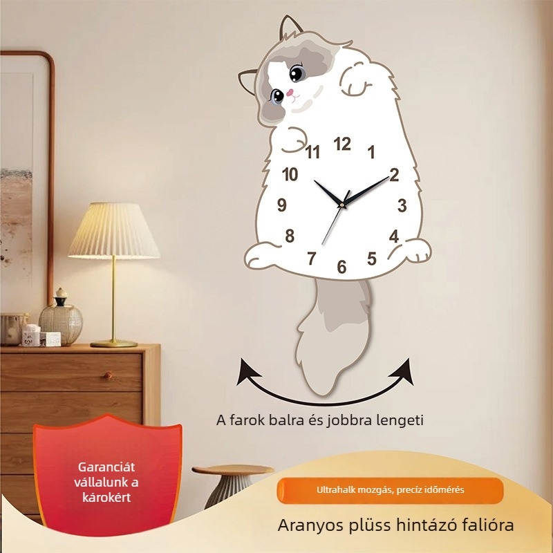 Aranyos, új ragdoll macska falióra – egyszerű dizájn, rajzfilmszerű nappali dekoráció, csendes működés