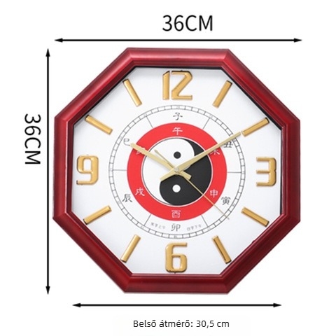 Fali óra oktogonális Bagua dizájnnal, Yin-Yang Taiji motívummal, akkumulátoros működés, ugró másodperces mechanizmus