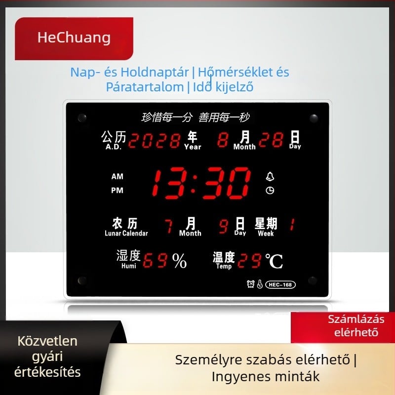 LED digitális falióra örökös naptárral, hőmérő és nedvesség, ébresztés, külső tápegység