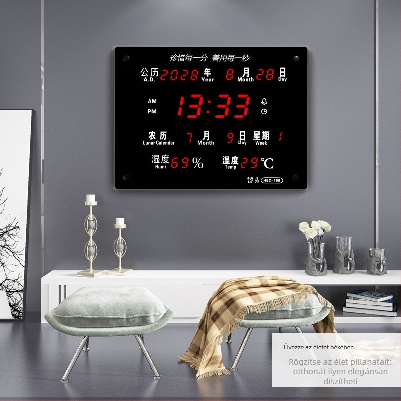 LED digitális falióra örökös naptárral, hőmérő és nedvesség, ébresztés, külső tápegység