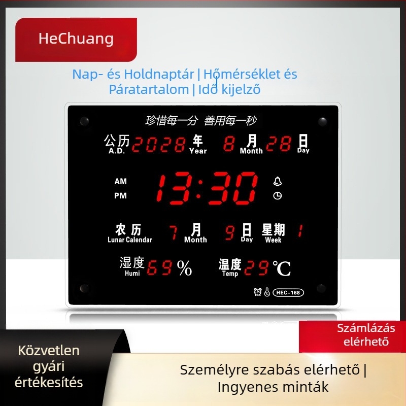 LED digitális falióra örökös naptárral, hőmérő és nedvesség, ébresztés, külső tápegység
