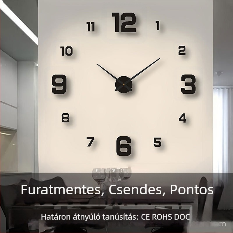 Kreatív 3D falióra nappaliba, falra szerelhető, fúrás nélkül, világító, csendes járás