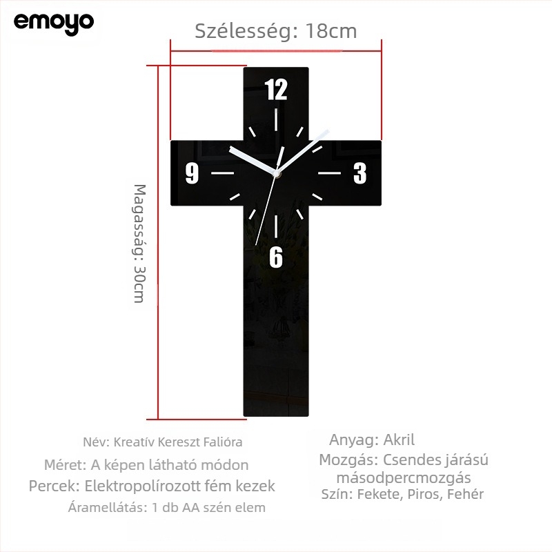 Fali óra kereszt alakú dizájnnal, modern stílus, hangtalan kvarc mozgás, analóg kijelző számokkal