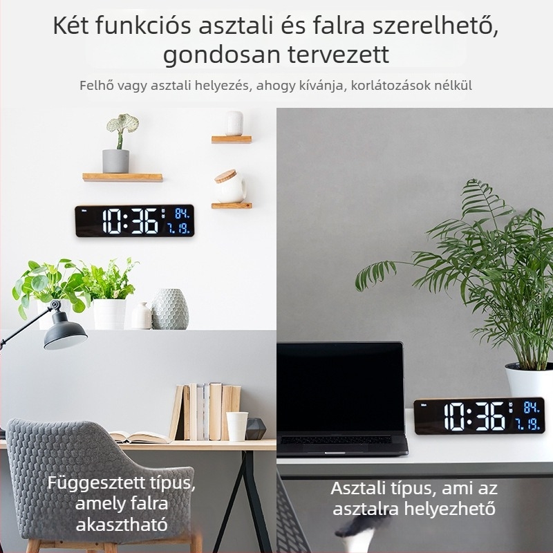 LED kijelzős fali óra, hőmérő, páratartalom, naptár és ébresztő