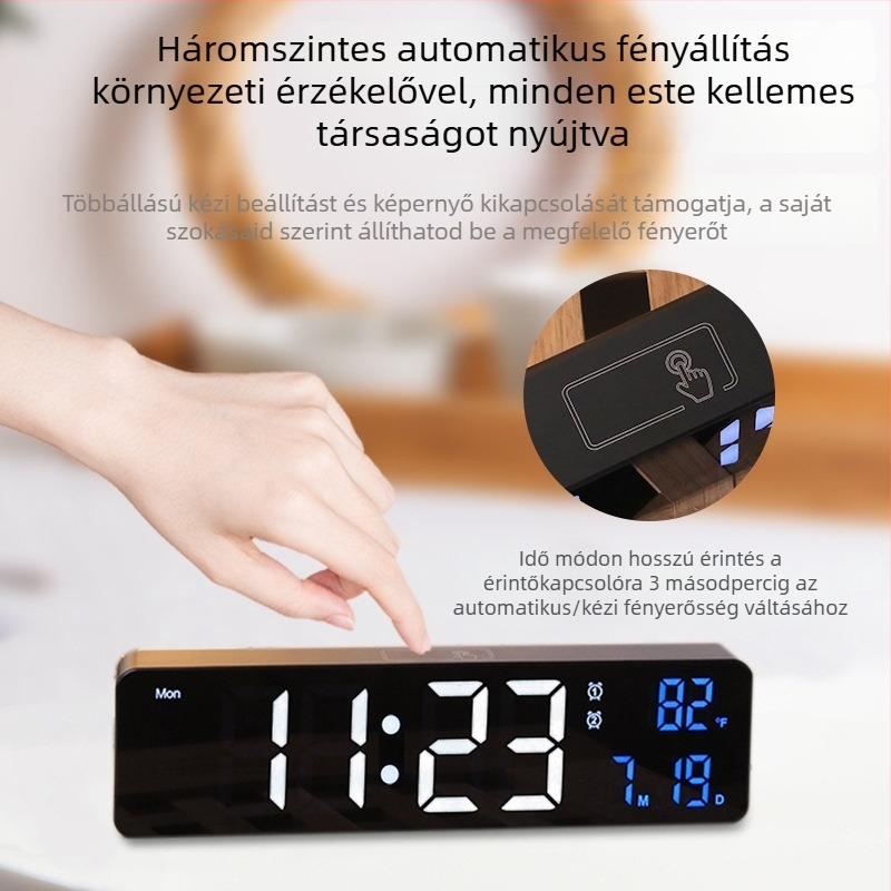 LED kijelzős fali óra, hőmérő, páratartalom, naptár és ébresztő