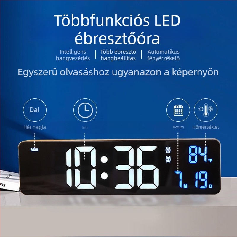 LED kijelzős fali óra, hőmérő, páratartalom, naptár és ébresztő