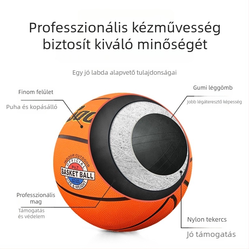 Gumis kosárlabda nyomtatott logóval, testreszabás nélkül; beltéri és kültéri használatra; alkalmas kosárlabdára, futballra és röplabdára