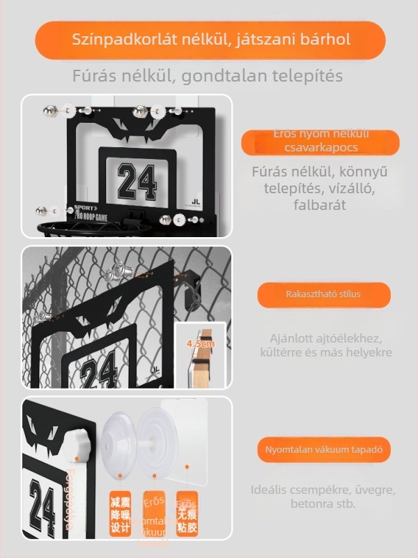 Fúrás nélküli kosárpalánk, vákuumos rögzítés, beltéri és kültéri használatra, összecsukható