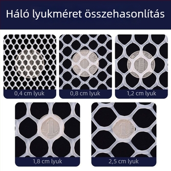 Fehér címkével ellátott műanyag védő tenyésztő háló csirkék és kacsák számára, erkélykerítés, zuhanás elleni védelem.