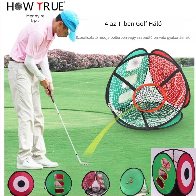 HOWTRUE Golf edzés háló, 4 az 1-ben, beltéri/kültéri, nylon + üvegszál, logónyomtatás elérhető